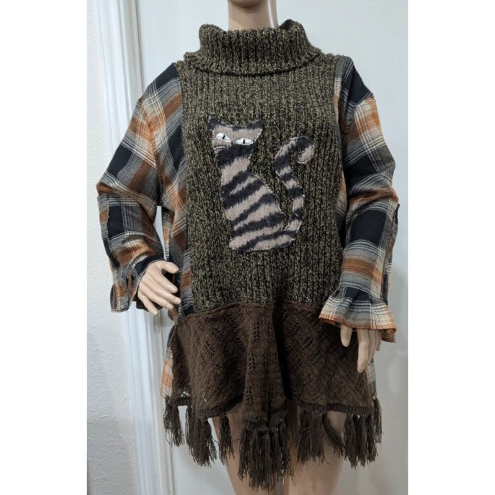 Upcycled Cowl Neck Sweater Flannel Top Cat Appliqué Fringe Brown Black Size M/L